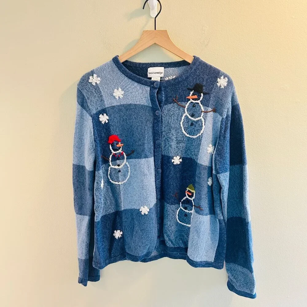 Breckenridge Snowman Cardigan Womens Size Large Vintage Blue Applique Sweater - Picture 11 of 11